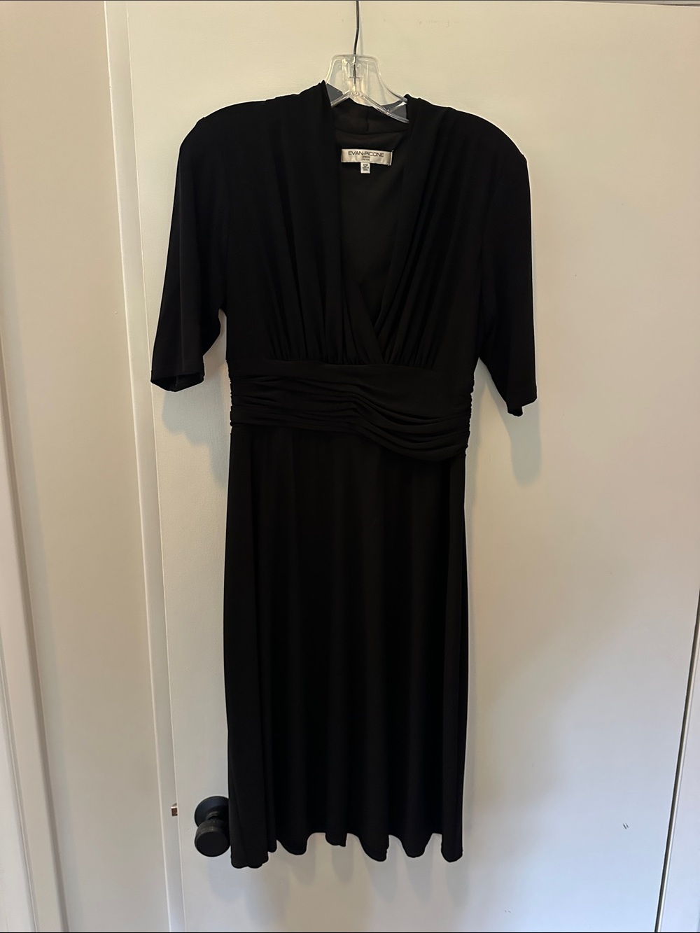 Evan Picone Black V-Neck Ruched Waist Midi Dress